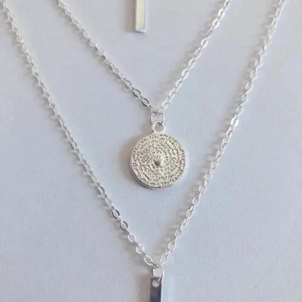 4 Layer Chain Simple Circle Bars Star Silver Fashion Statement Long Necklace NWT